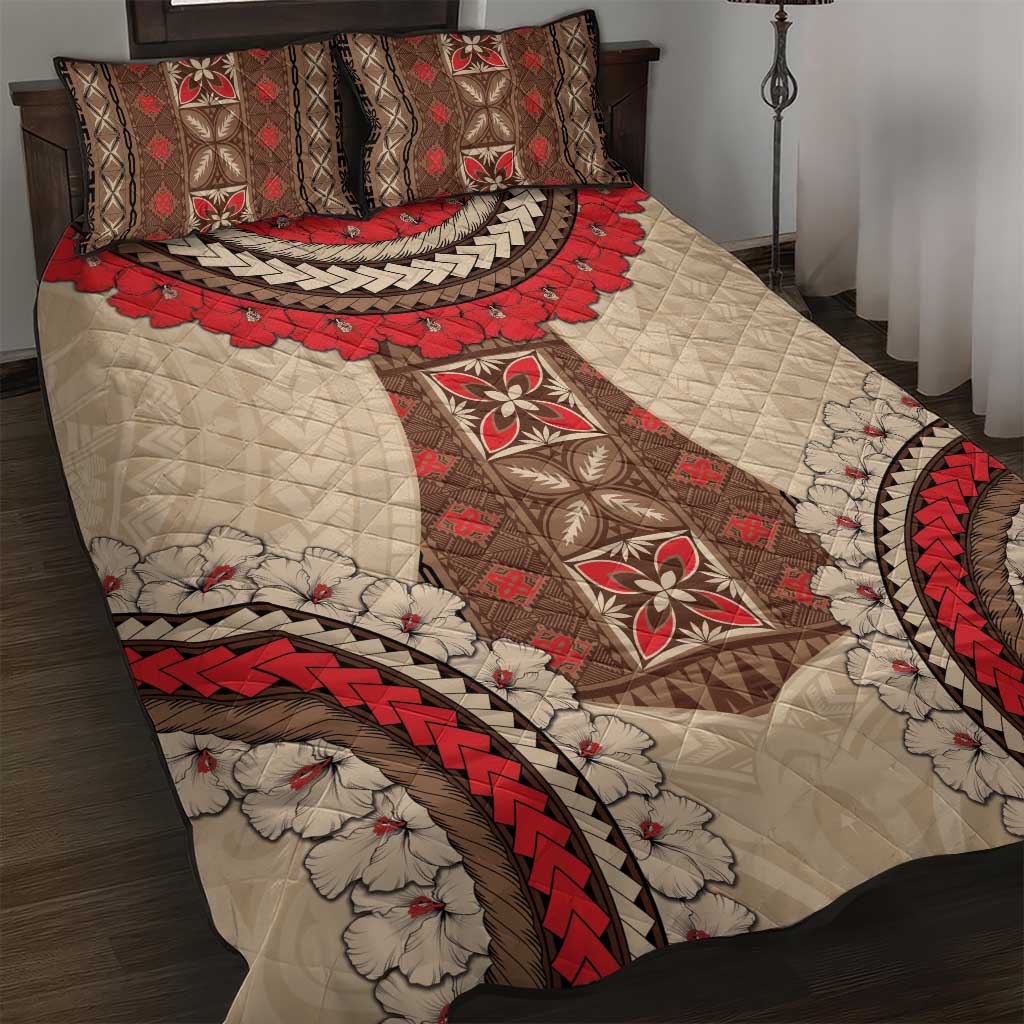 Samoa Language Week Quilt Bed Set Samoan Motif With Red Hibiscus LT05 Beige - Polynesian Pride