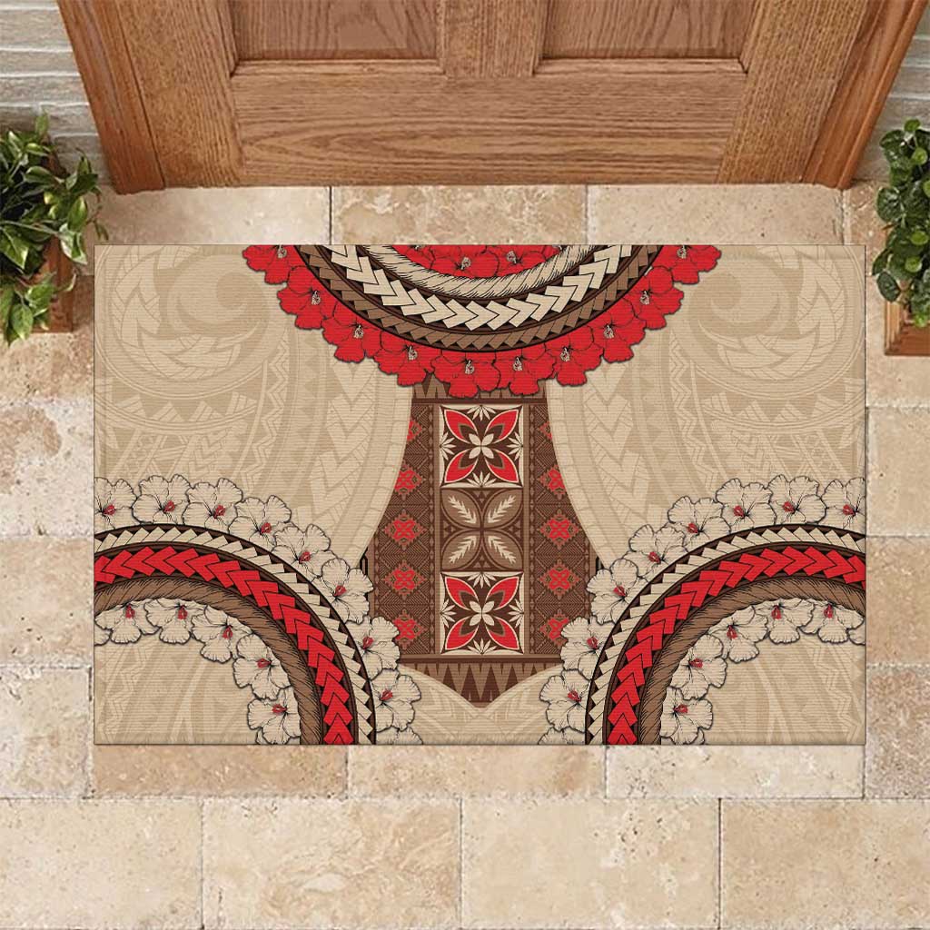 Samoa Language Week Rubber Doormat Samoan Motif With Red Hibiscus LT05 Beige - Polynesian Pride
