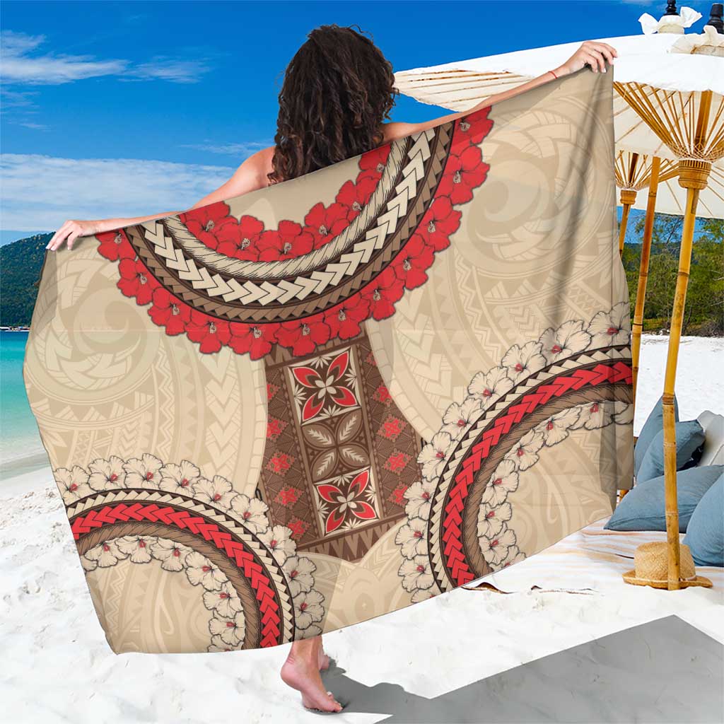 Samoa Language Week Sarong Samoan Motif With Red Hibiscus LT05 One Size 44 x 66 inches Beige - Polynesian Pride