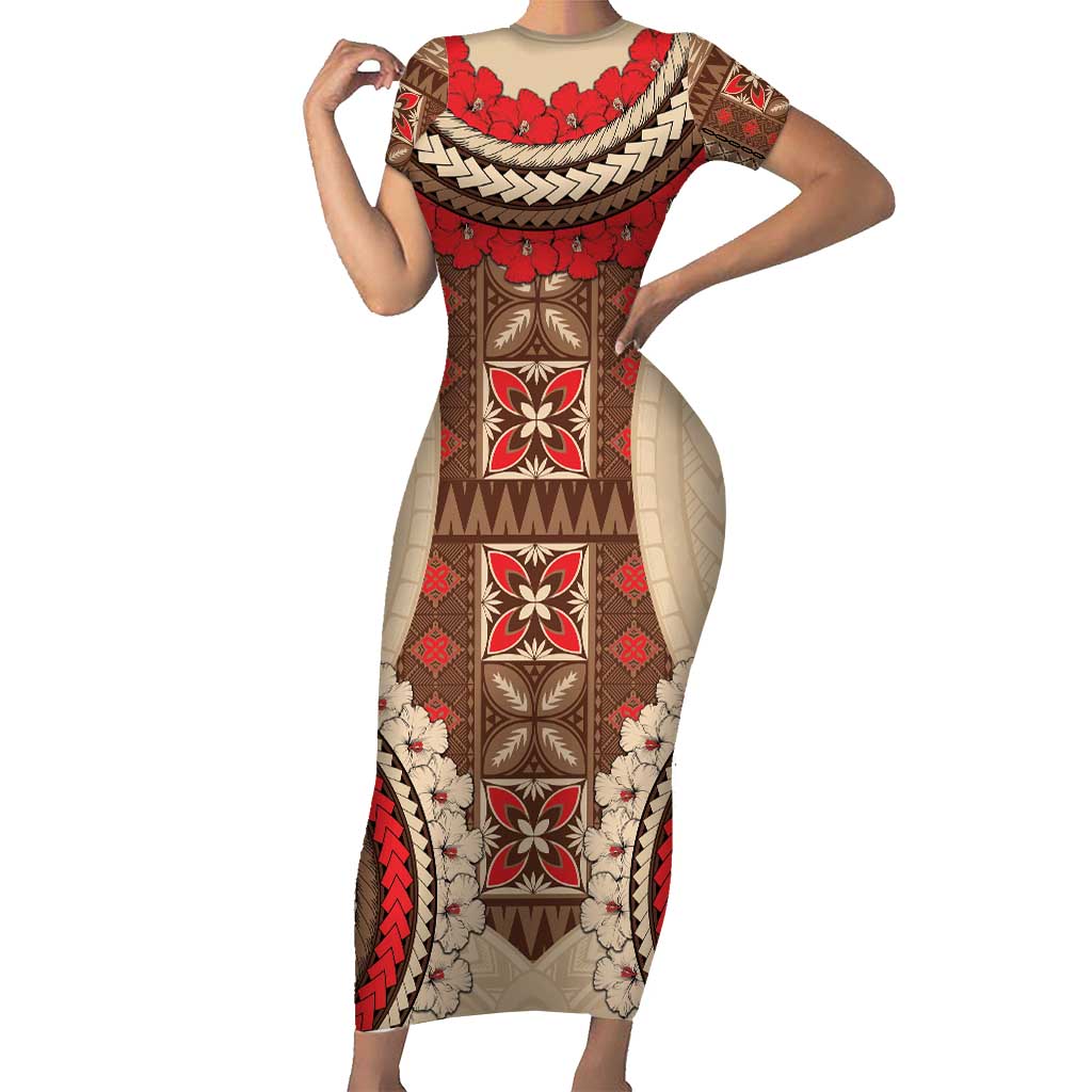Samoa Language Week Short Sleeve Bodycon Dress Samoan Motif With Red Hibiscus LT05 Long Dress Beige - Polynesian Pride