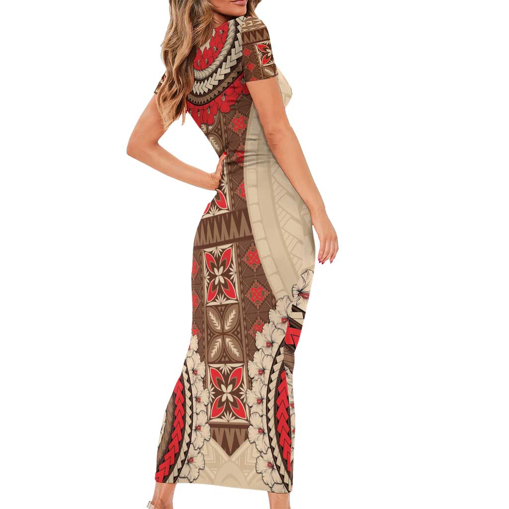 Samoa Language Week Short Sleeve Bodycon Dress Samoan Motif With Red Hibiscus LT05 - Polynesian Pride
