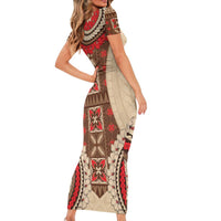 Samoa Language Week Short Sleeve Bodycon Dress Samoan Motif With Red Hibiscus LT05 - Polynesian Pride