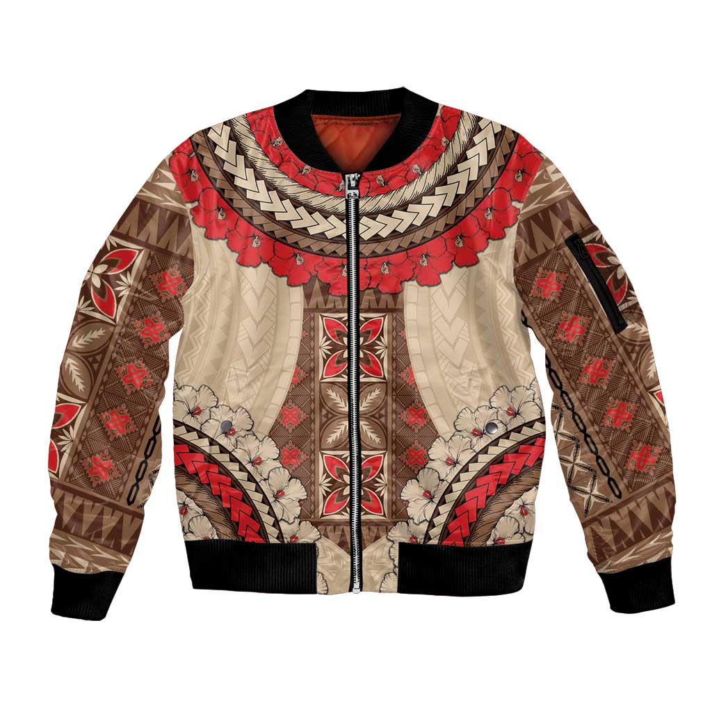 Samoa Language Week Sleeve Zip Bomber Jacket Samoan Motif With Red Hibiscus LT05 Unisex Beige - Polynesian Pride