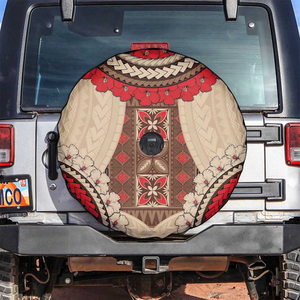 Samoa Language Week Spare Tire Cover Samoan Motif With Red Hibiscus LT05 Beige - Polynesian Pride