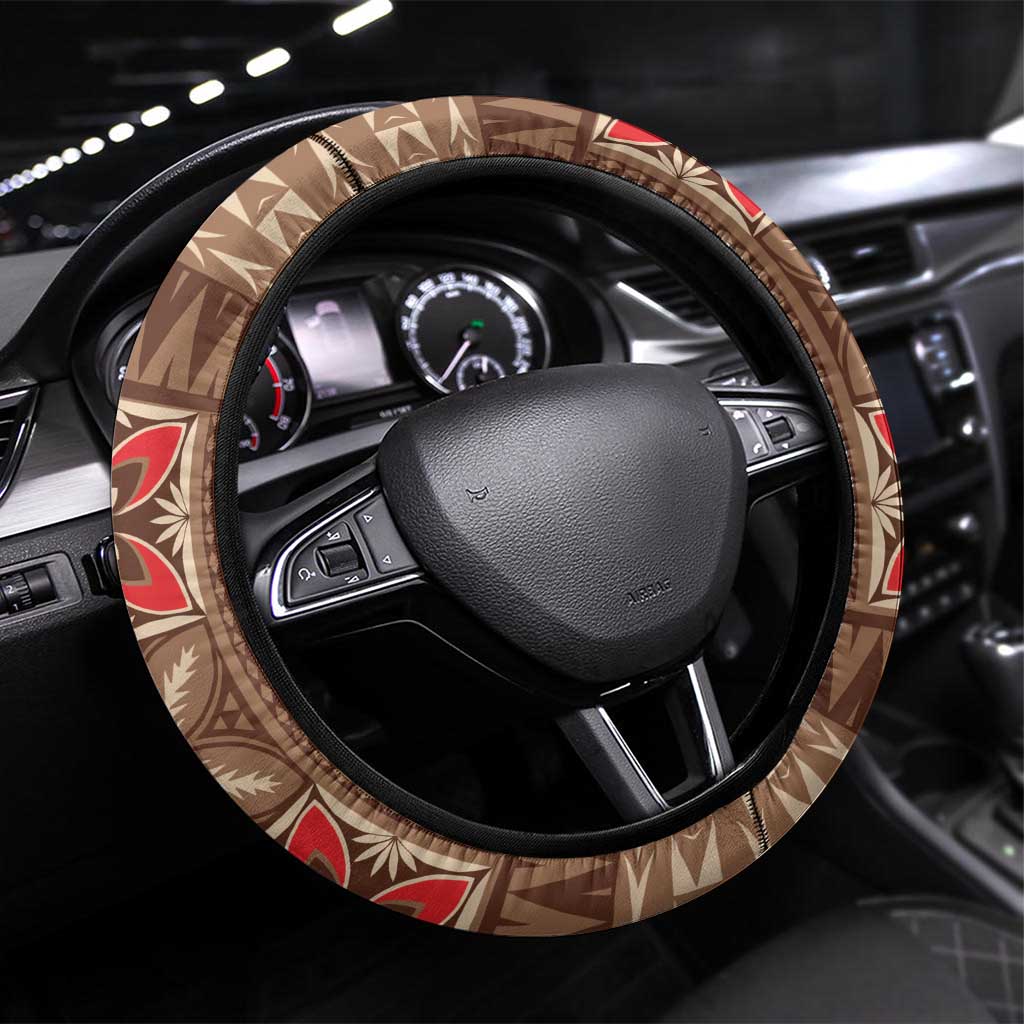 Samoa Language Week Steering Wheel Cover Samoan Motif With Red Hibiscus LT05 Universal Fit Beige - Polynesian Pride