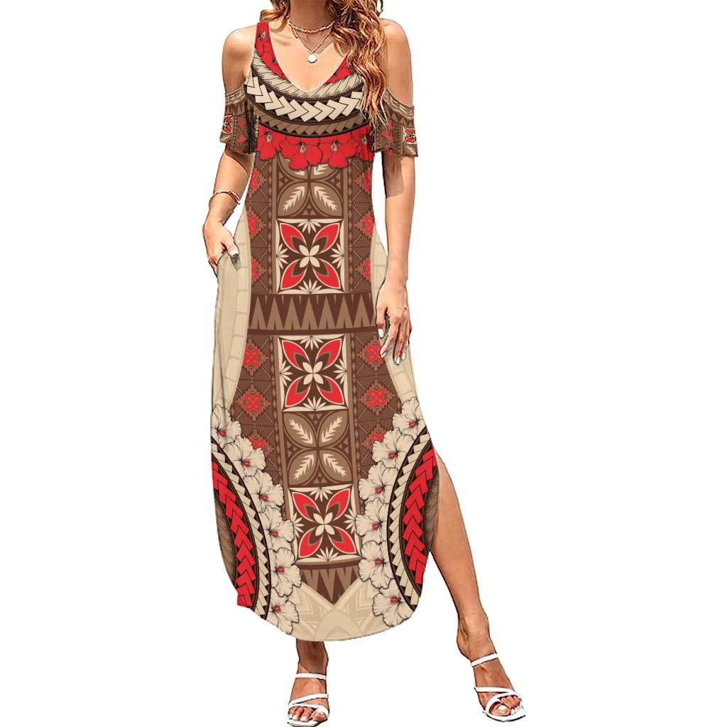 Samoa Language Week Summer Maxi Dress Samoan Motif With Red Hibiscus LT05 Women Beige - Polynesian Pride