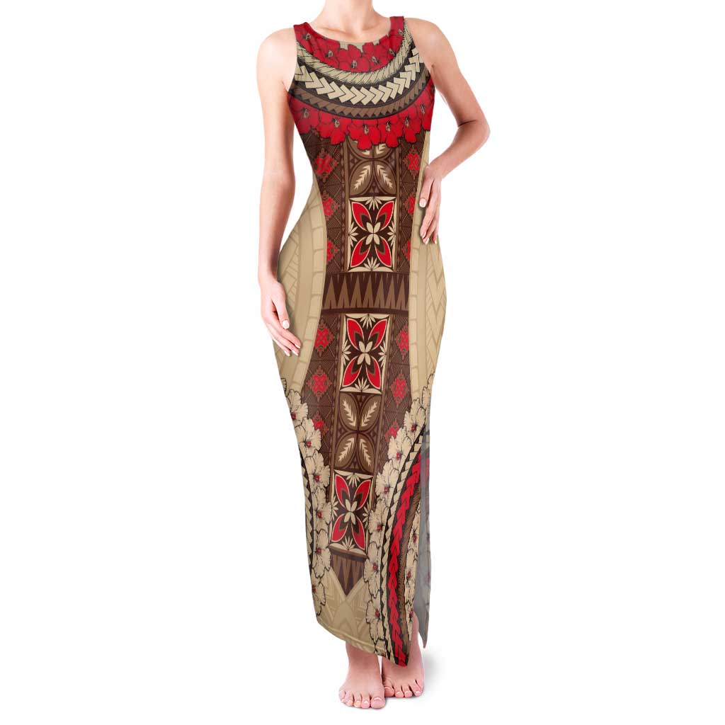Samoa Language Week Tank Maxi Dress Samoan Motif With Red Hibiscus LT05 Women Beige - Polynesian Pride
