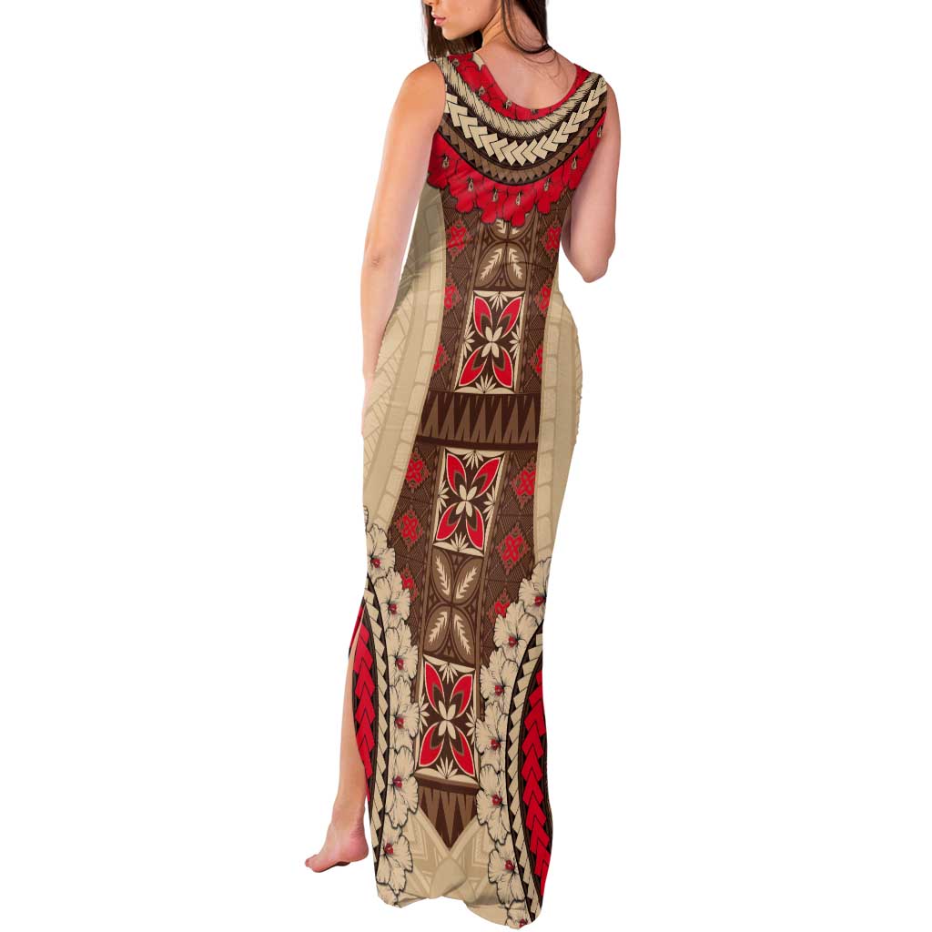 Samoa Language Week Tank Maxi Dress Samoan Motif With Red Hibiscus LT05 - Polynesian Pride
