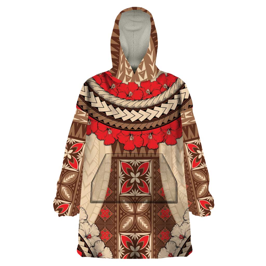 Samoa Language Week Wearable Blanket Hoodie Samoan Motif With Red Hibiscus LT05 One Size Beige - Polynesian Pride