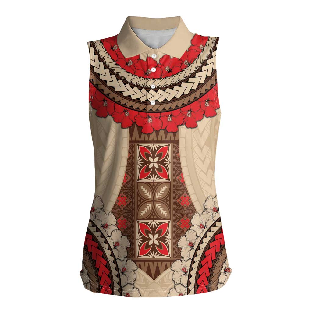 Samoa Language Week Women Sleeveless Polo Shirt Samoan Motif With Red Hibiscus LT05 Female Beige - Polynesian Pride