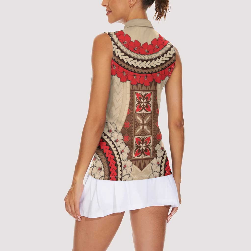 Samoa Language Week Women Sleeveless Polo Shirt Samoan Motif With Red Hibiscus LT05 - Polynesian Pride