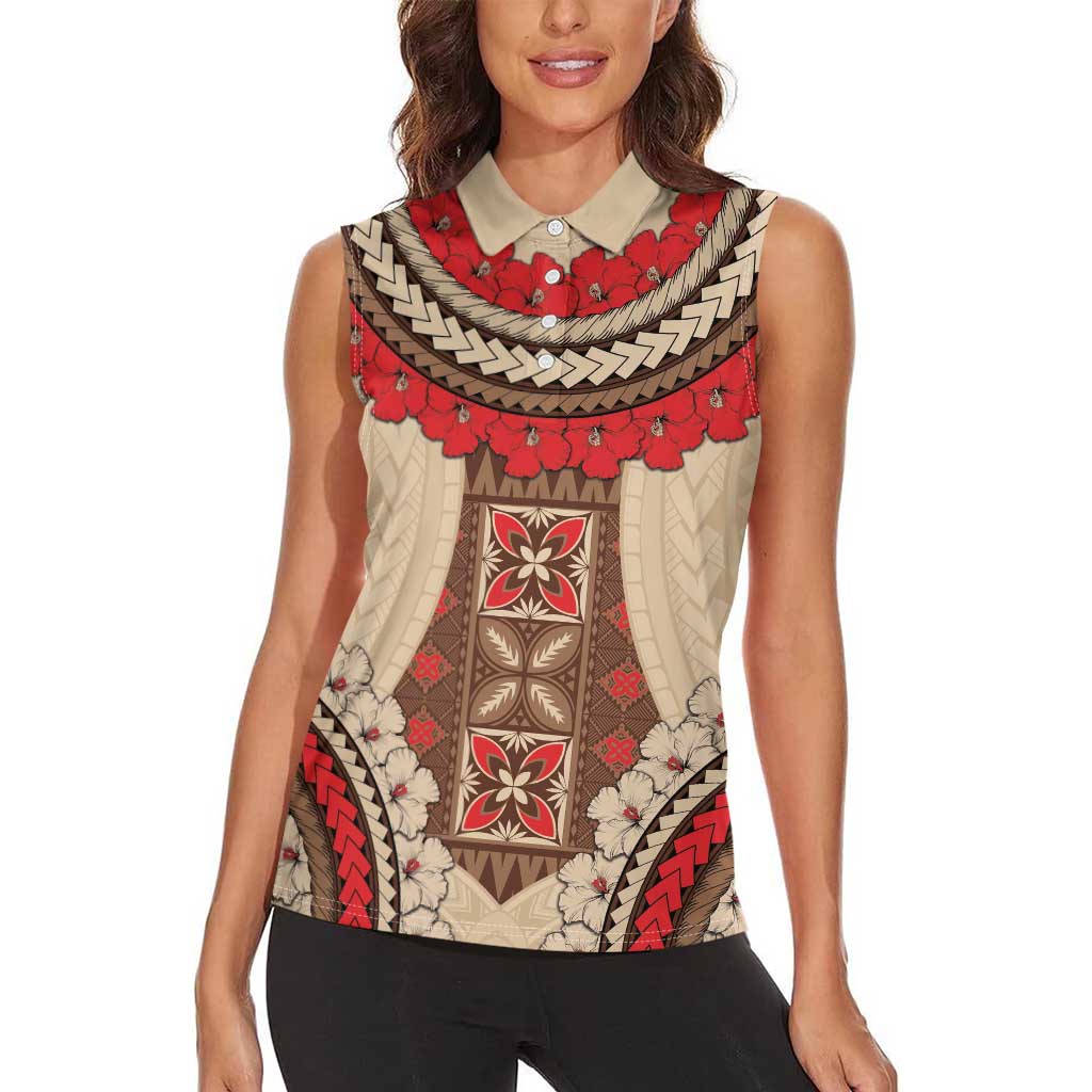 Samoa Language Week Women Sleeveless Polo Shirt Samoan Motif With Red Hibiscus LT05 - Polynesian Pride