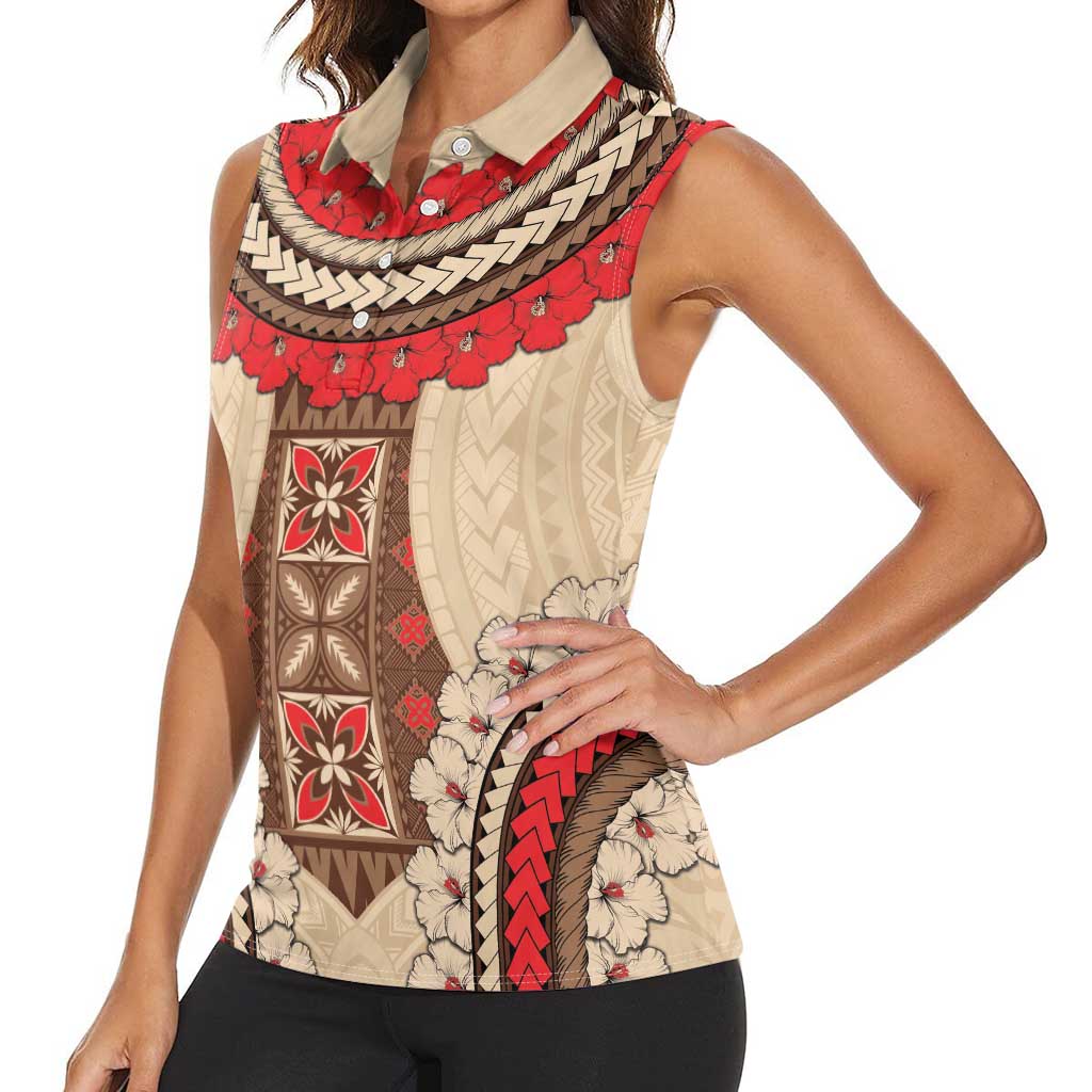 Samoa Language Week Women Sleeveless Polo Shirt Samoan Motif With Red Hibiscus LT05 - Polynesian Pride