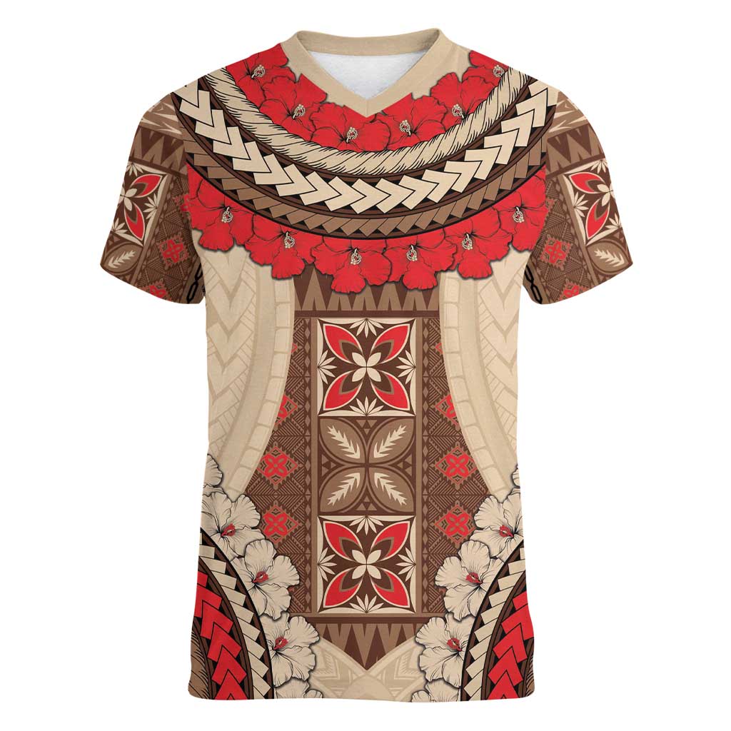 Samoa Language Week Women V-Neck T-Shirt Samoan Motif With Red Hibiscus LT05 Female Beige - Polynesian Pride