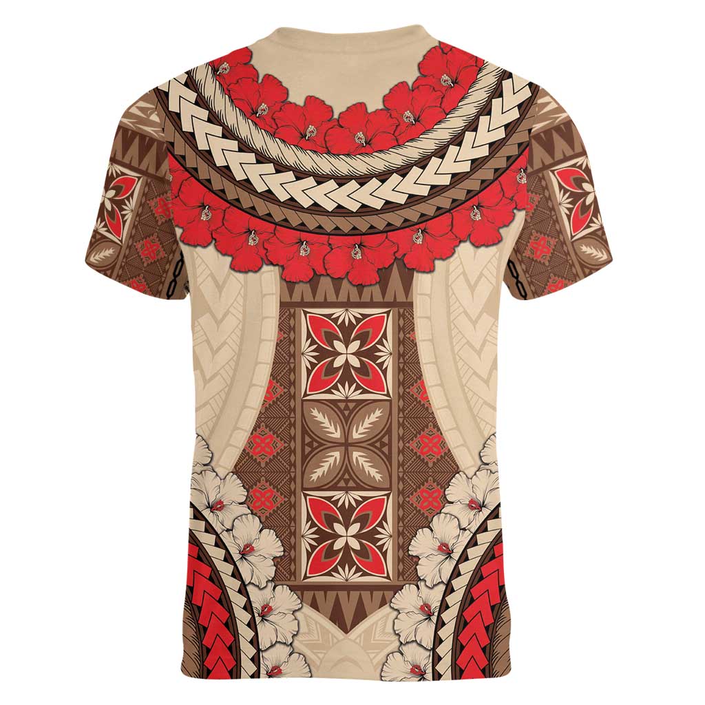 Samoa Language Week Women V-Neck T-Shirt Samoan Motif With Red Hibiscus