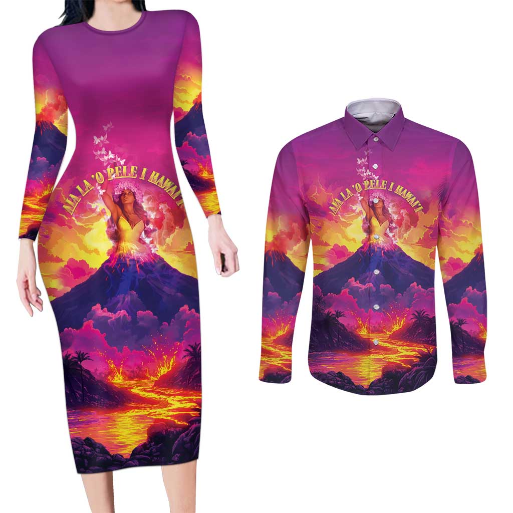 Hawaii Kilauea Volcano Couples Matching Long Sleeve Bodycon Dress and Long Sleeve Button Shirt There Is Pele Goddess Of The Volcano - Polynesian Pride
