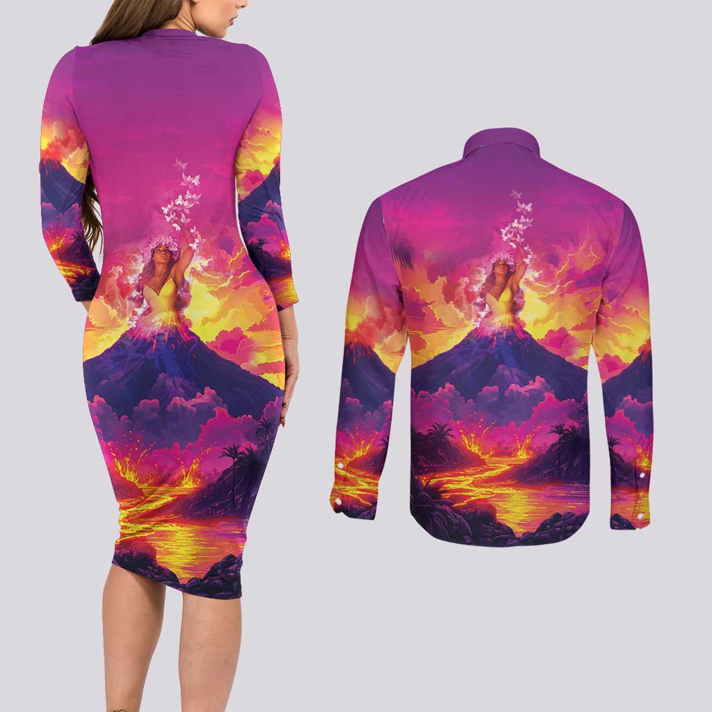 Hawaii Kilauea Volcano Couples Matching Long Sleeve Bodycon Dress and Long Sleeve Button Shirt There Is Pele Goddess Of The Volcano - Polynesian Pride