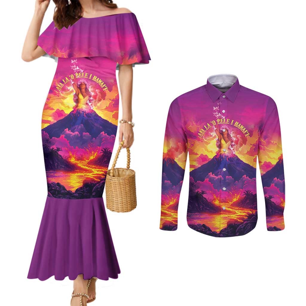 Hawaii Kilauea Volcano Couples Matching Mermaid Dress and Long Sleeve Button Shirt There Is Pele Goddess Of The Volcano - Polynesian Pride