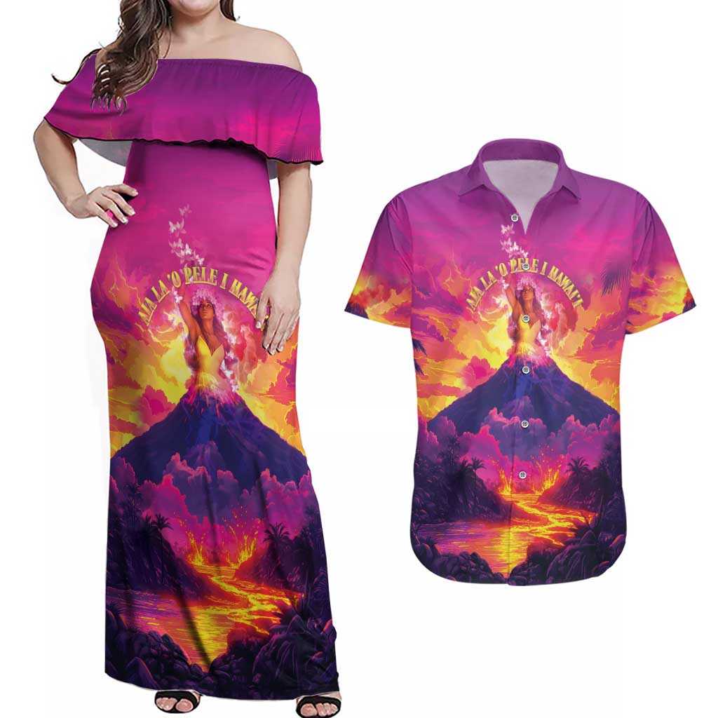 Hawaii Kilauea Volcano Couples Matching Off Shoulder Maxi Dress and Hawaiian Shirt There Is Pele Goddess Of The Volcano - Polynesian Pride
