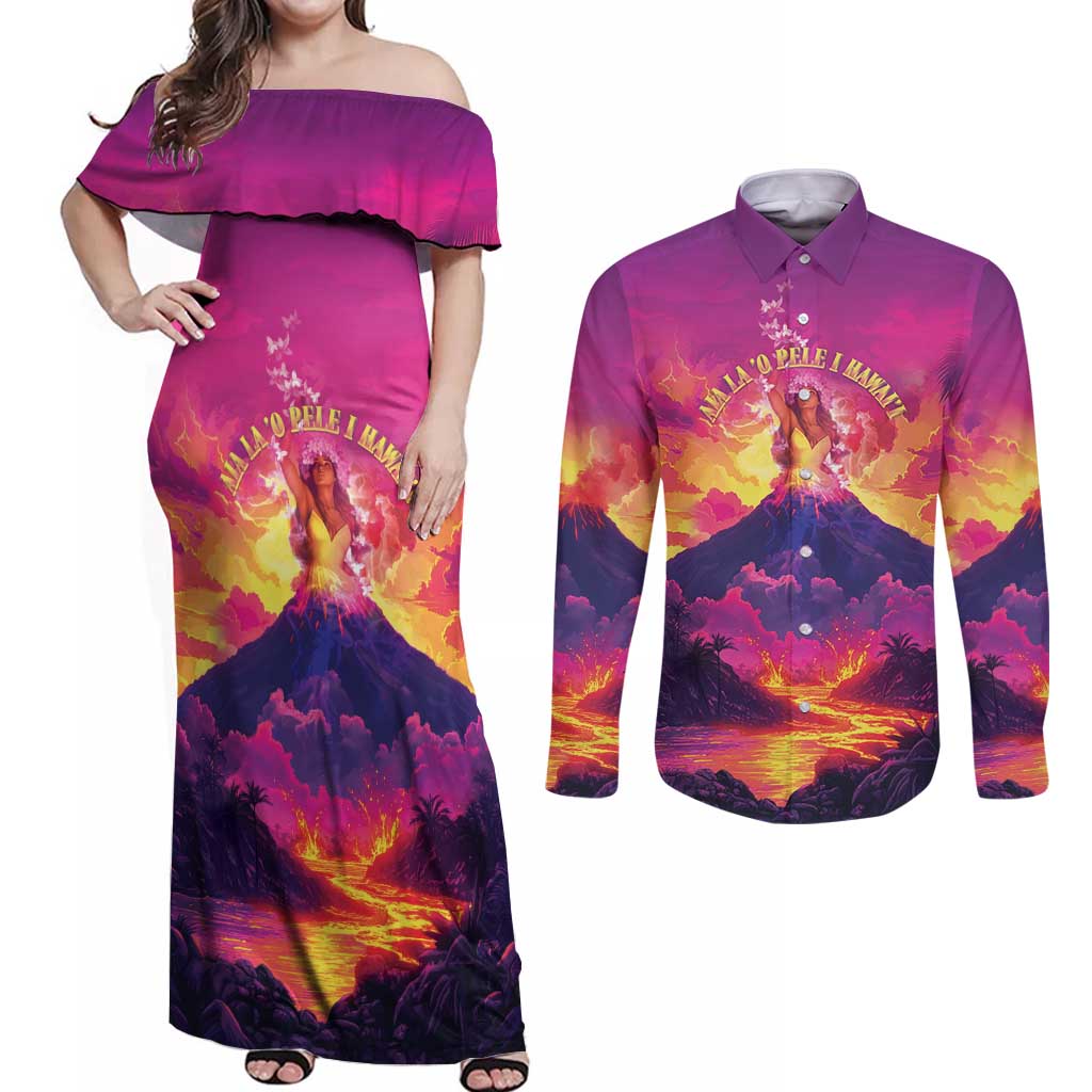 Hawaii Kilauea Volcano Couples Matching Off Shoulder Maxi Dress and Long Sleeve Button Shirt There Is Pele Goddess Of The Volcano - Polynesian Pride