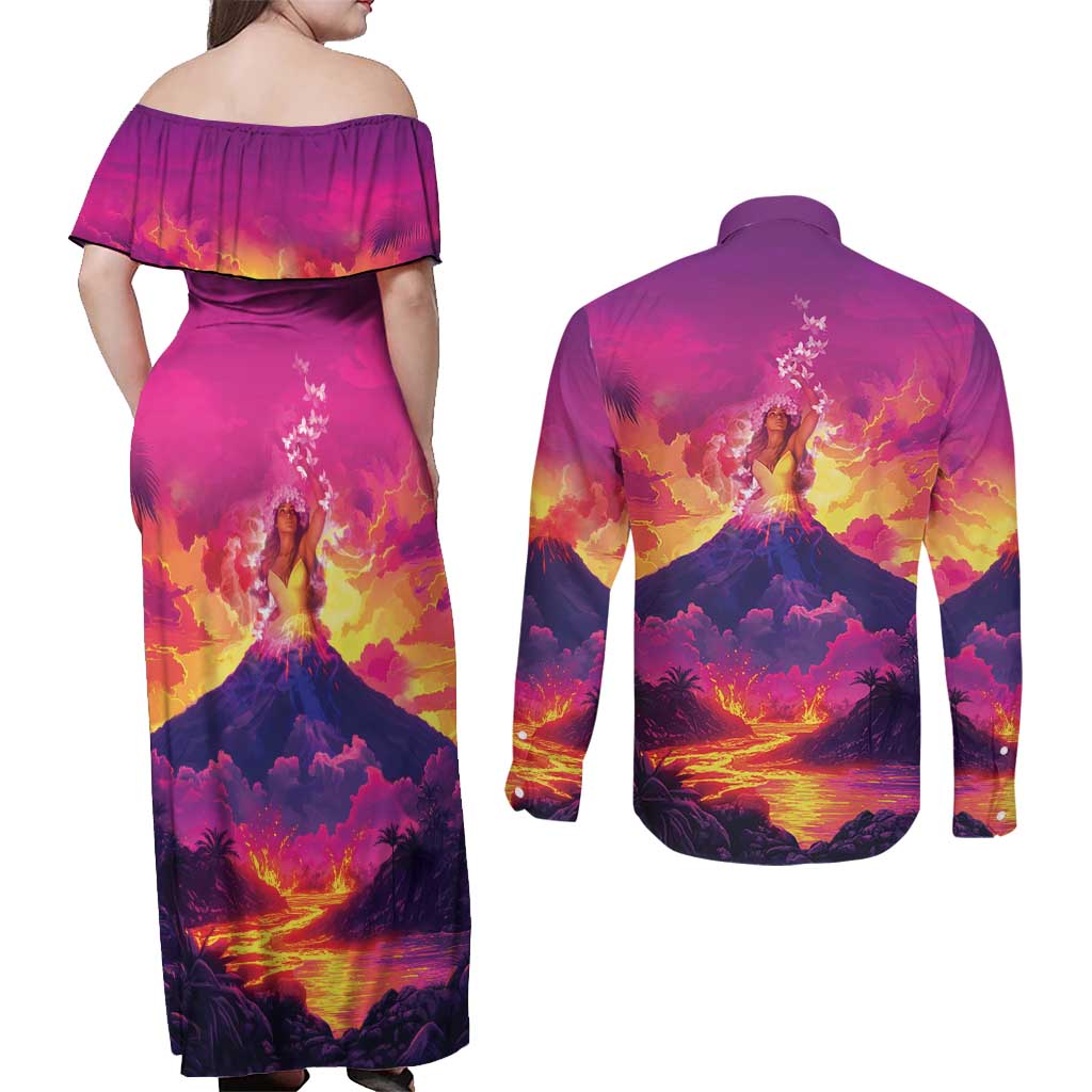 Hawaii Kilauea Volcano Couples Matching Off Shoulder Maxi Dress and Long Sleeve Button Shirt There Is Pele Goddess Of The Volcano - Polynesian Pride