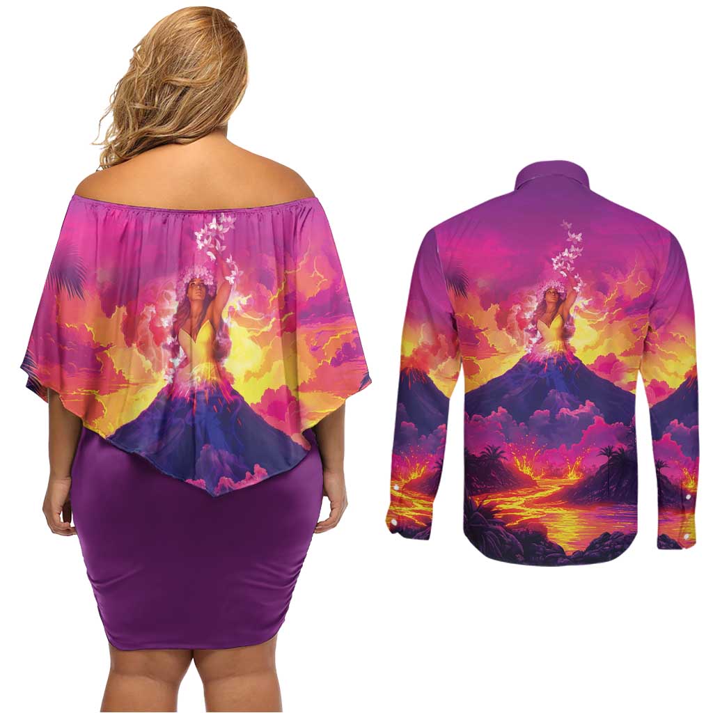 Hawaii Kilauea Volcano Couples Matching Off Shoulder Short Dress and Long Sleeve Button Shirt There Is Pele Goddess Of The Volcano - Polynesian Pride