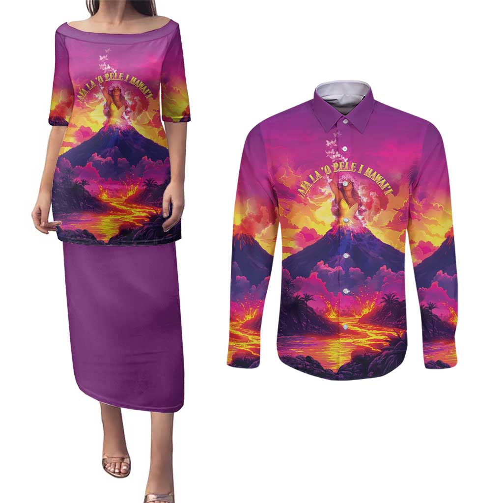Hawaii Kilauea Volcano Couples Matching Puletasi and Long Sleeve Button Shirt There Is Pele Goddess Of The Volcano - Polynesian Pride