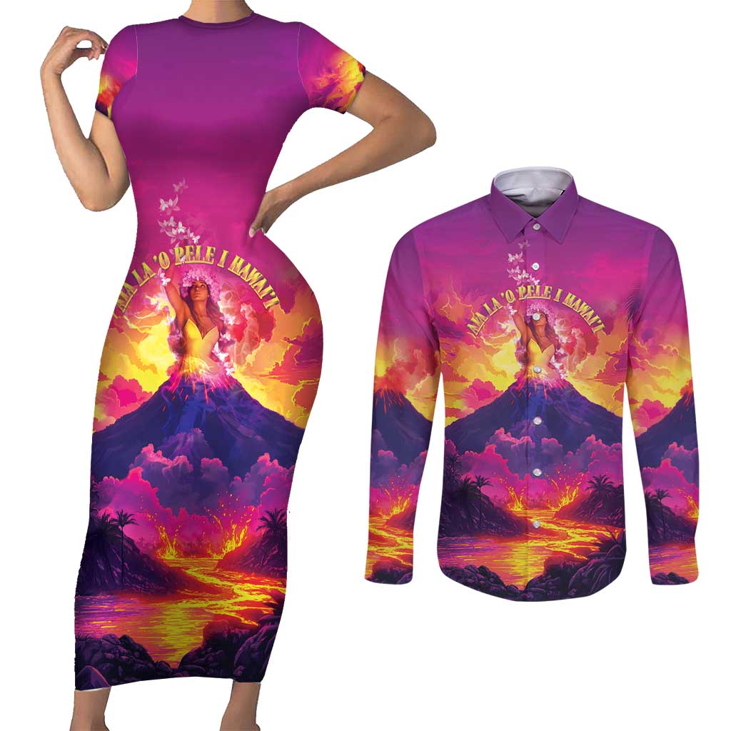 Hawaii Kilauea Volcano Couples Matching Short Sleeve Bodycon Dress and Long Sleeve Button Shirt There Is Pele Goddess Of The Volcano - Polynesian Pride