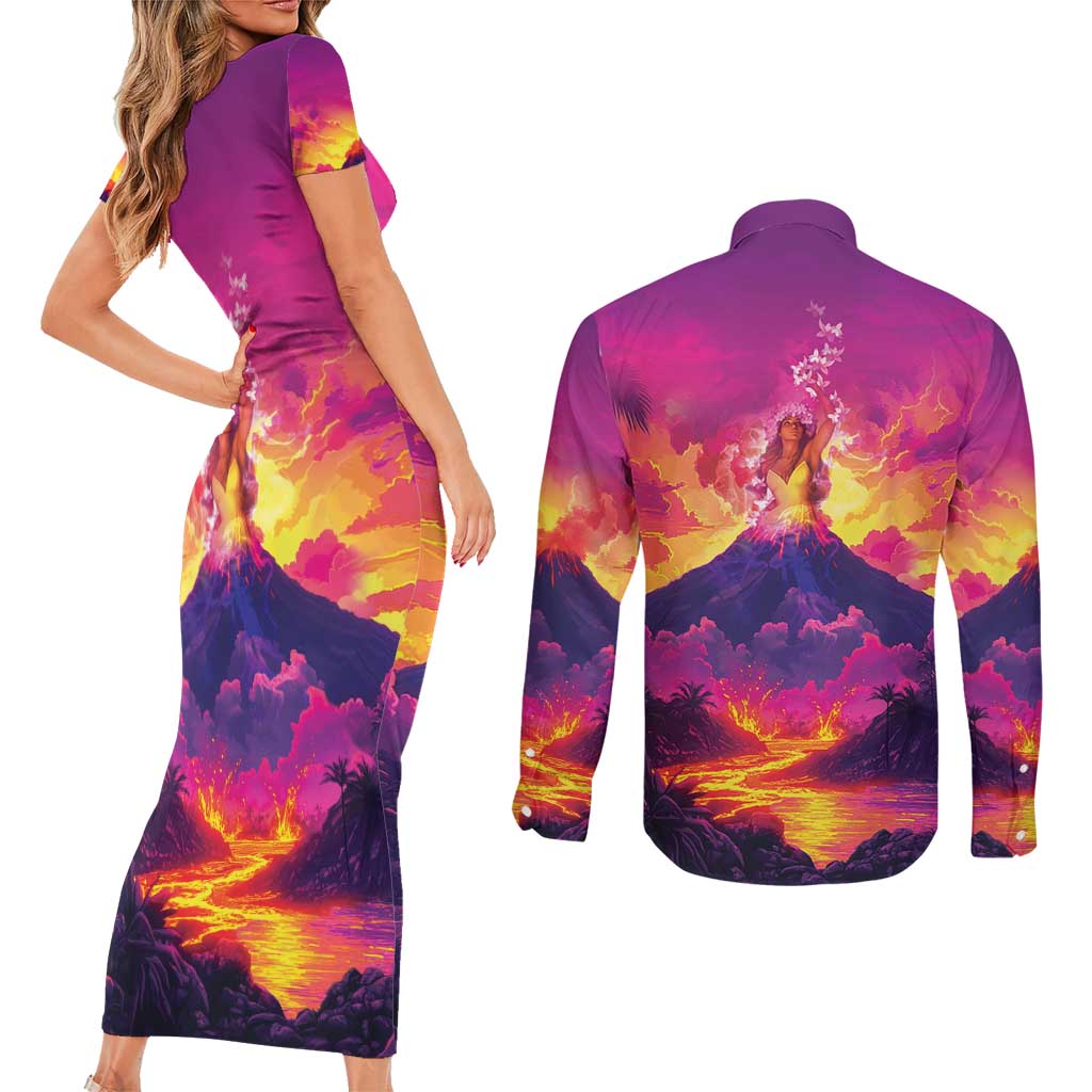 Hawaii Kilauea Volcano Couples Matching Short Sleeve Bodycon Dress and Long Sleeve Button Shirt There Is Pele Goddess Of The Volcano - Polynesian Pride