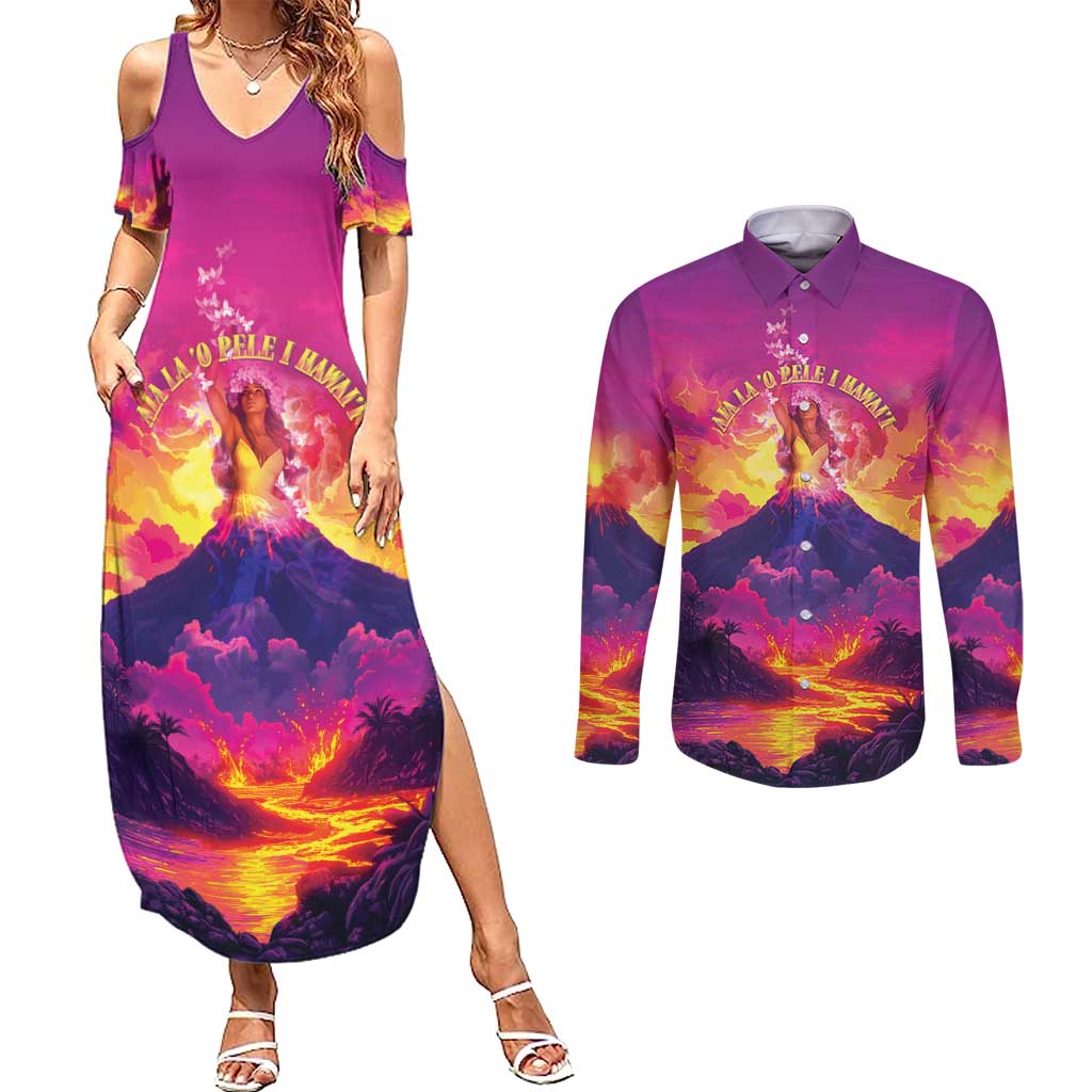 Hawaii Kilauea Volcano Couples Matching Summer Maxi Dress and Long Sleeve Button Shirt There Is Pele Goddess Of The Volcano - Polynesian Pride