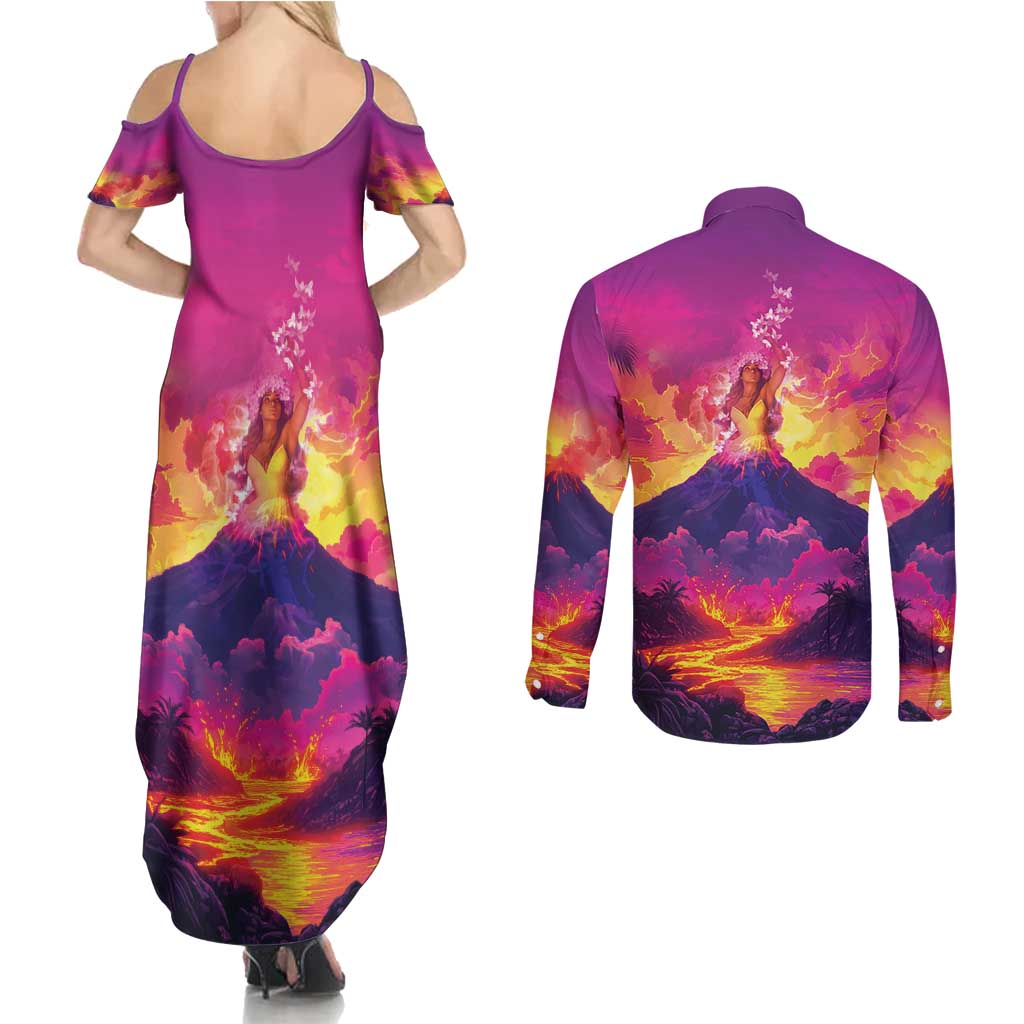 Hawaii Kilauea Volcano Couples Matching Summer Maxi Dress and Long Sleeve Button Shirt There Is Pele Goddess Of The Volcano - Polynesian Pride