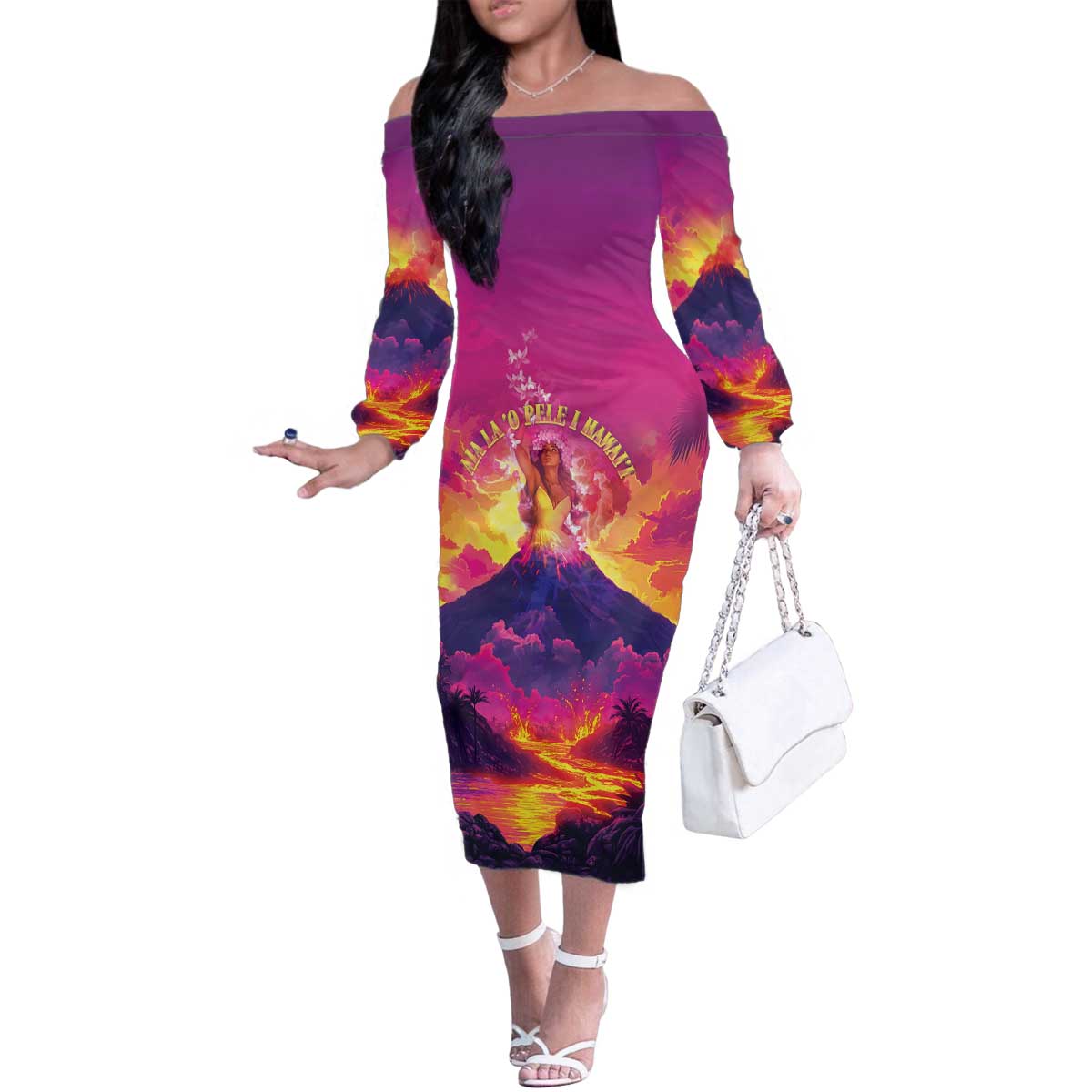 Hawaii Kilauea Volcano Family Matching Off The Shoulder Long Sleeve Dress and Hawaiian Shirt There Is Pele Goddess Of The Volcano - Polynesian Pride