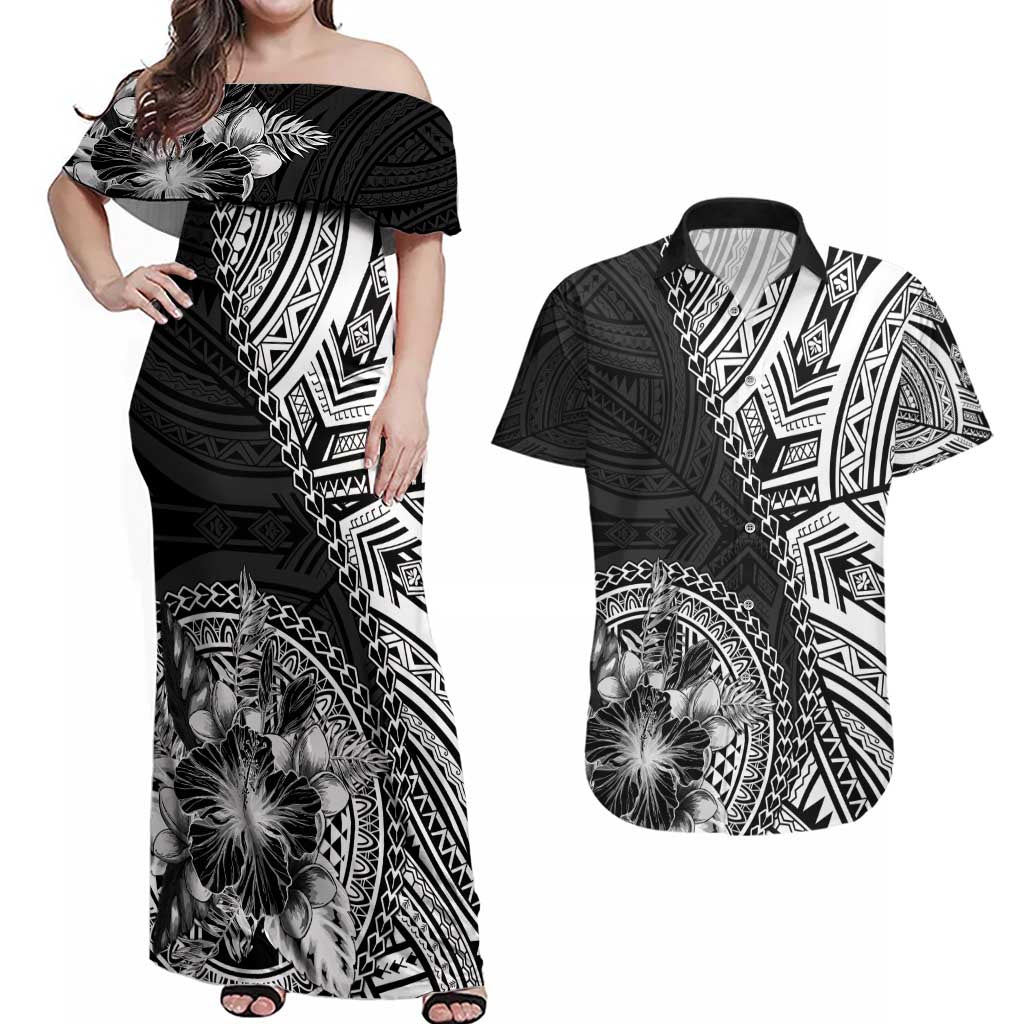 Hibiscus With Black Austronesian Tattoo Pattern Couples Matching Off Shoulder Maxi Dress and Hawaiian Shirt - Polynesian Pride