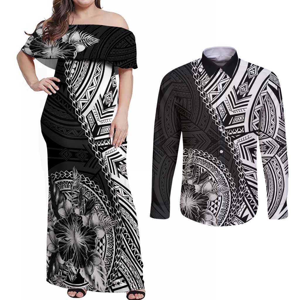 Hibiscus With Black Austronesian Tattoo Pattern Couples Matching Off Shoulder Maxi Dress and Long Sleeve Button Shirt - Polynesian Pride