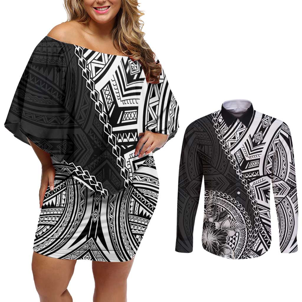 Hibiscus With Black Austronesian Tattoo Pattern Couples Matching Off Shoulder Short Dress and Long Sleeve Button Shirt - Polynesian Pride
