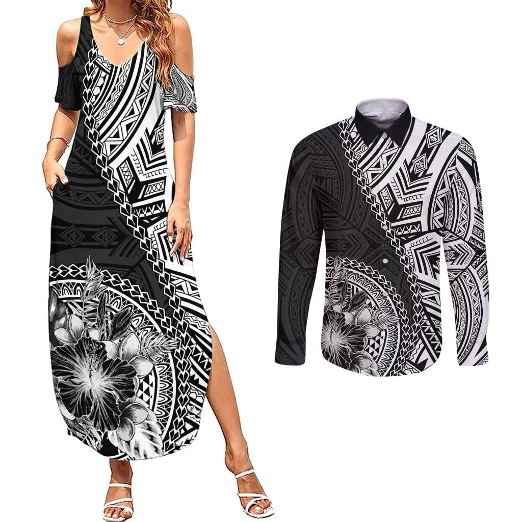 Hibiscus With Black Austronesian Tattoo Pattern Couples Matching Summer Maxi Dress and Long Sleeve Button Shirt - Polynesian Pride