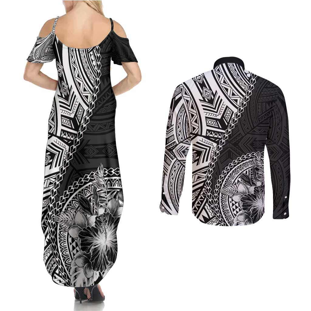 Hibiscus With Black Austronesian Tattoo Pattern Couples Matching Summer Maxi Dress and Long Sleeve Button Shirt - Polynesian Pride
