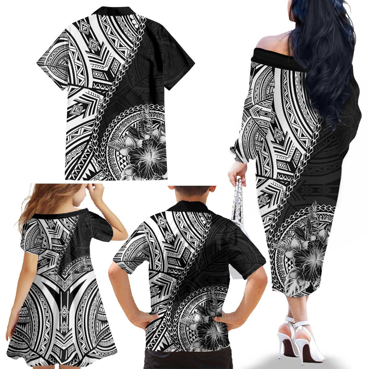 Hibiscus With Black Austronesian Tattoo Pattern Family Matching Off The Shoulder Long Sleeve Dress and Hawaiian Shirt - Polynesian Pride
