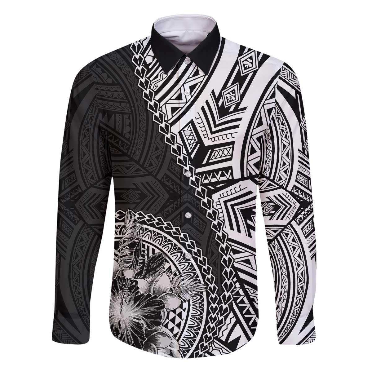 Hibiscus With Black Austronesian Tattoo Pattern Family Matching Off The Shoulder Long Sleeve Dress and Hawaiian Shirt - Polynesian Pride