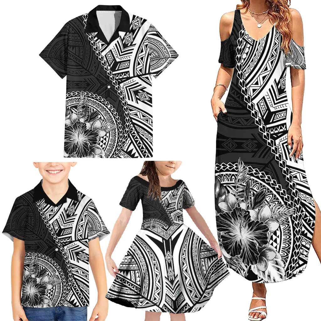 Hibiscus With Black Austronesian Tattoo Pattern Family Matching Summer Maxi Dress and Hawaiian Shirt - Polynesian Pride