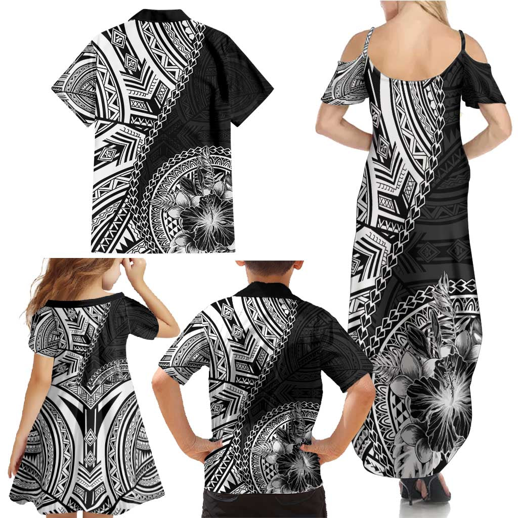 Hibiscus With Black Austronesian Tattoo Pattern Family Matching Summer Maxi Dress and Hawaiian Shirt - Polynesian Pride
