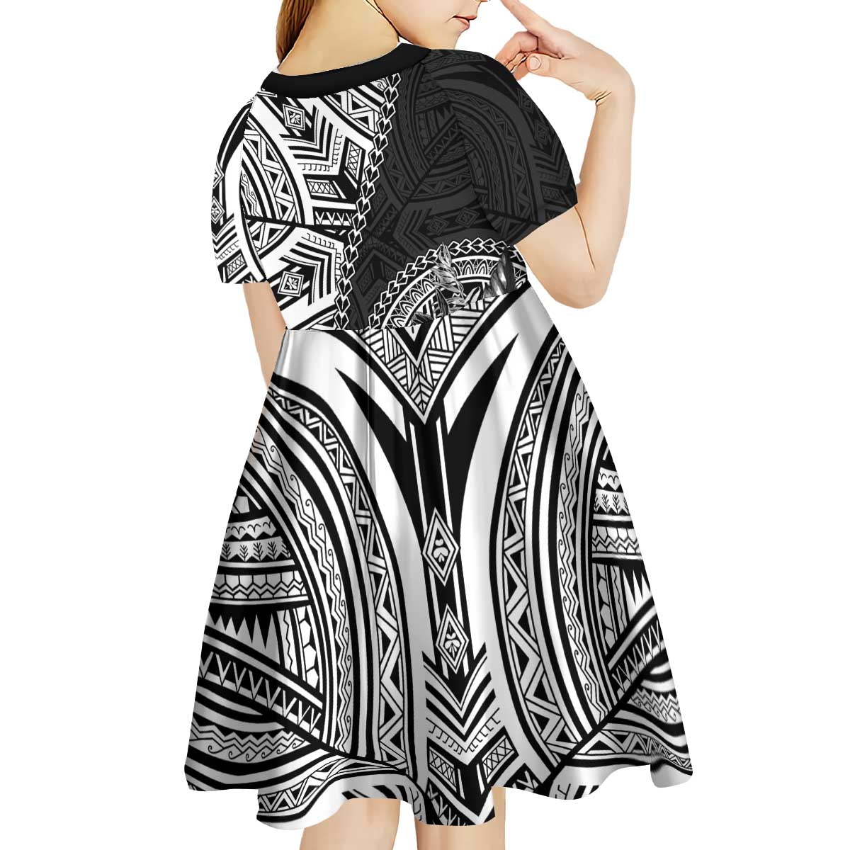 Hibiscus With Black Austronesian Tattoo Pattern Kid Short Sleeve Dress - Polynesian Pride