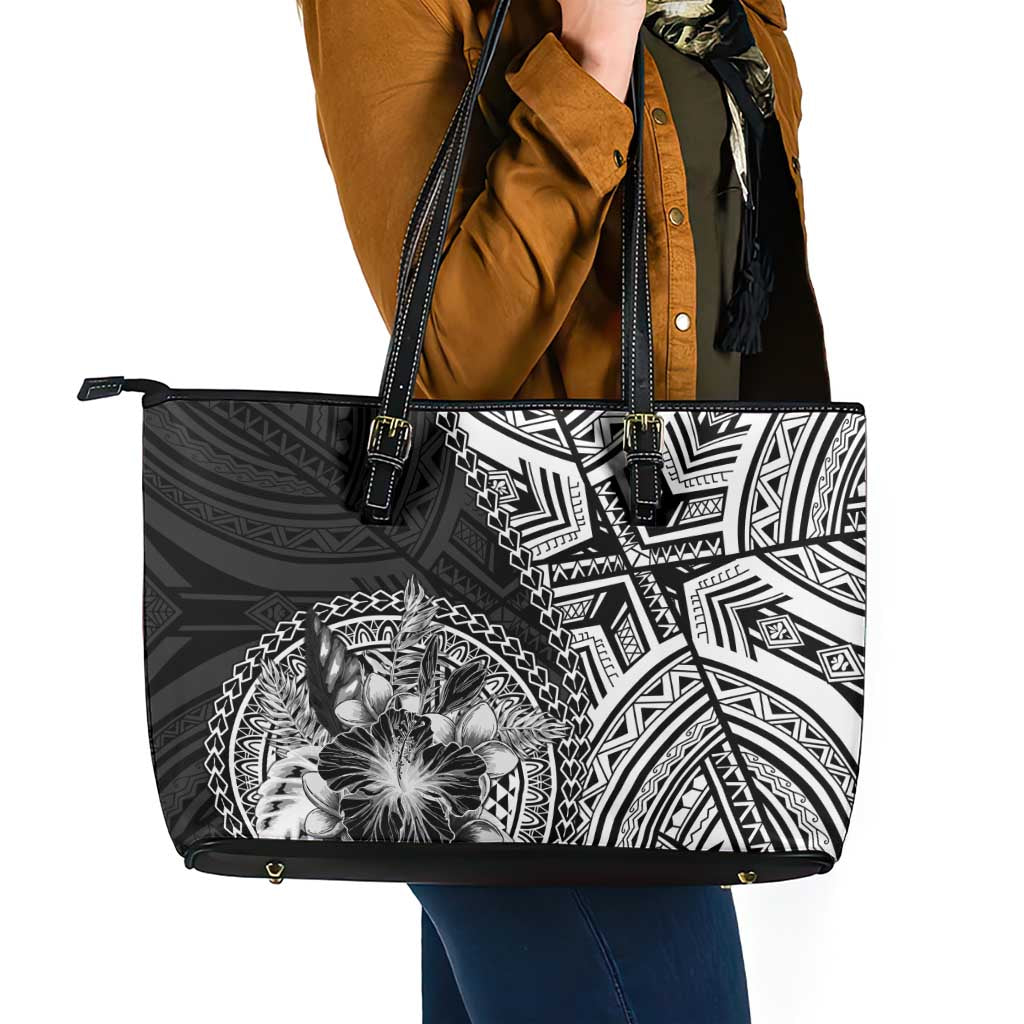 Hibiscus With Black Austronesian Tattoo Pattern Leather Tote Bag - Polynesian Pride