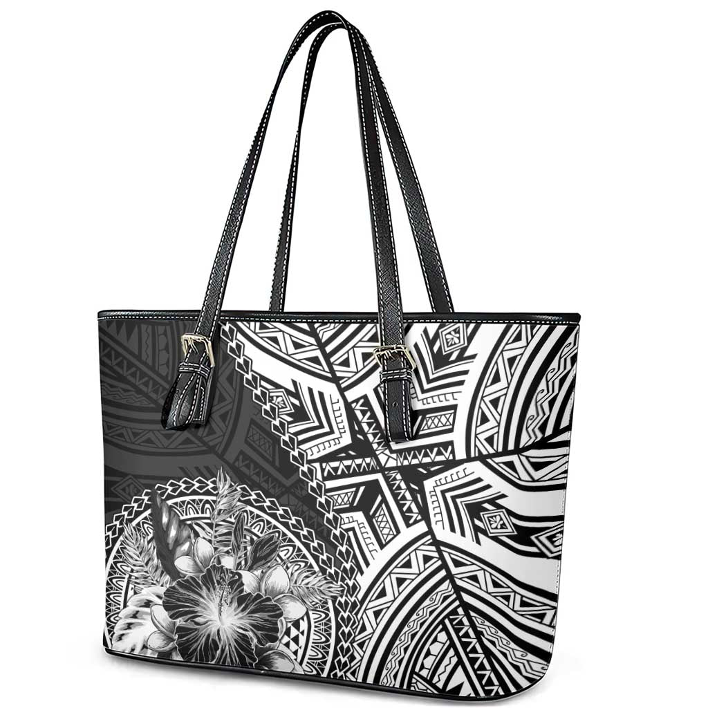 Hibiscus With Black Austronesian Tattoo Pattern Leather Tote Bag - Polynesian Pride