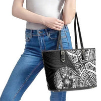 Hibiscus With Black Austronesian Tattoo Pattern Leather Tote Bag - Polynesian Pride