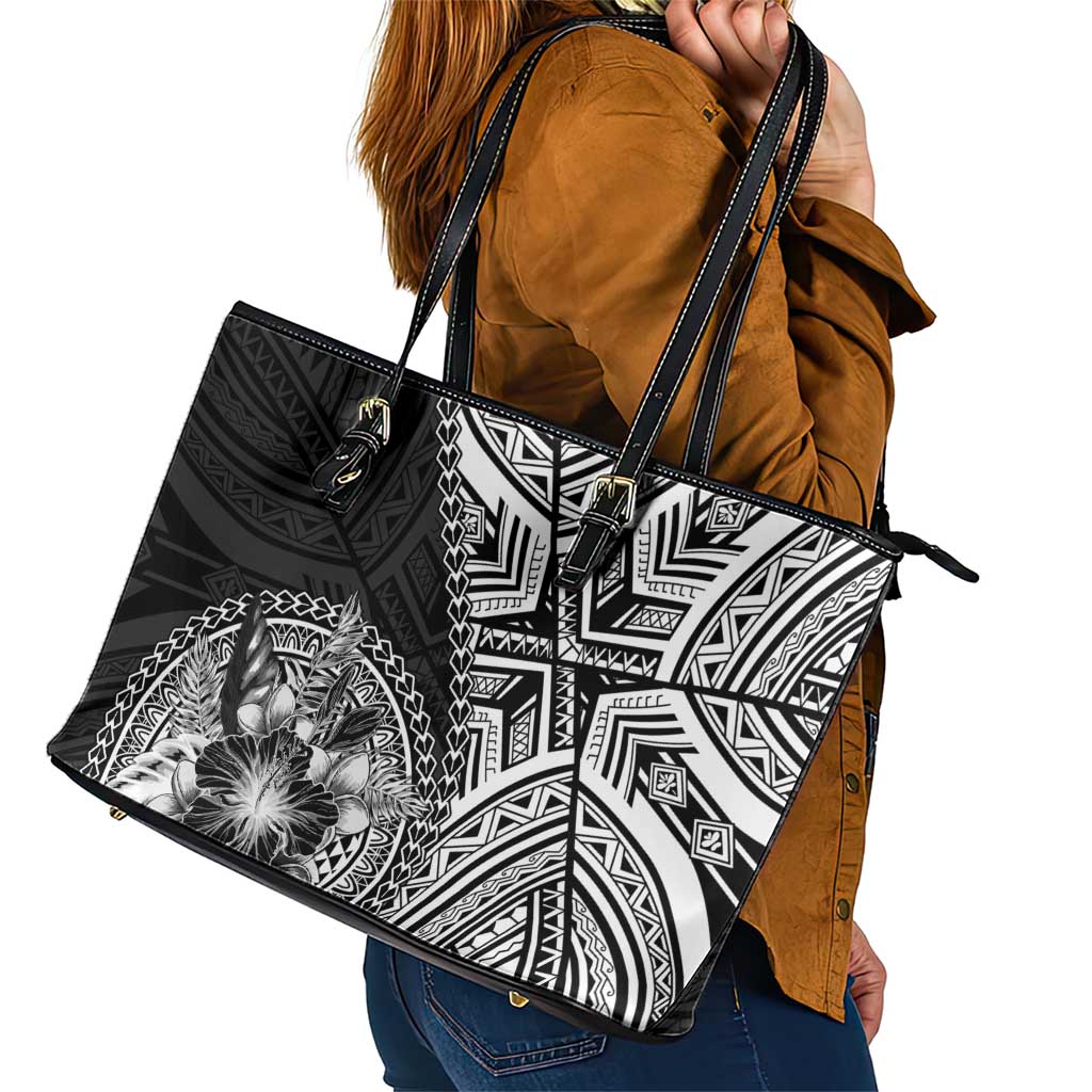 Hibiscus With Black Austronesian Tattoo Pattern Leather Tote Bag - Polynesian Pride