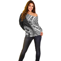 Hibiscus With Black Austronesian Tattoo Pattern Off Shoulder Sweater - Polynesian Pride