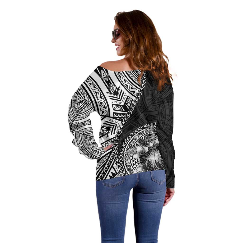 Hibiscus With Black Austronesian Tattoo Pattern Off Shoulder Sweater - Polynesian Pride