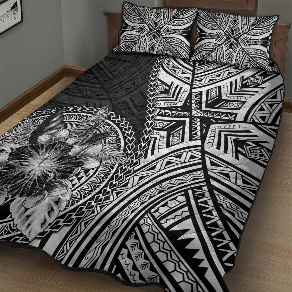 Hibiscus With Black Austronesian Tattoo Pattern Quilt Bed Set - Polynesian Pride