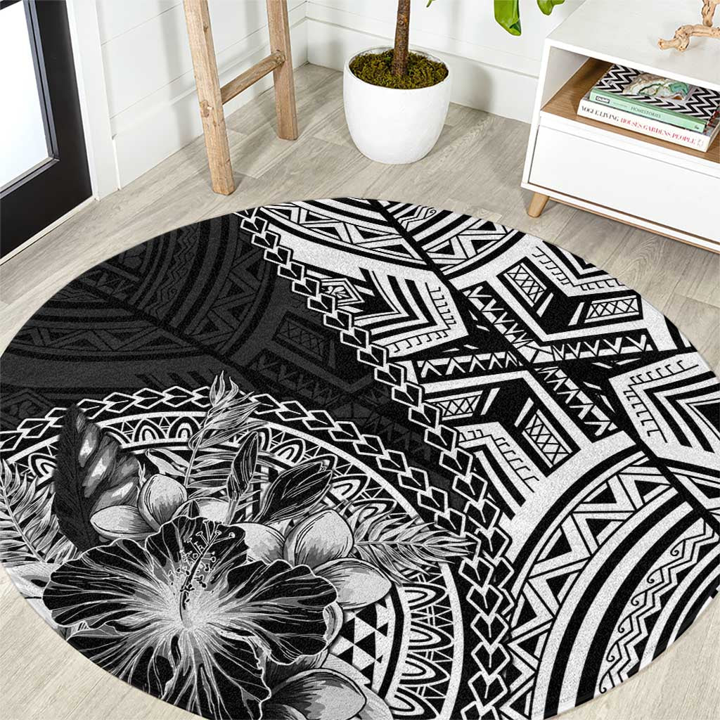 Hibiscus With Black Austronesian Tattoo Pattern Round Carpet - Polynesian Pride
